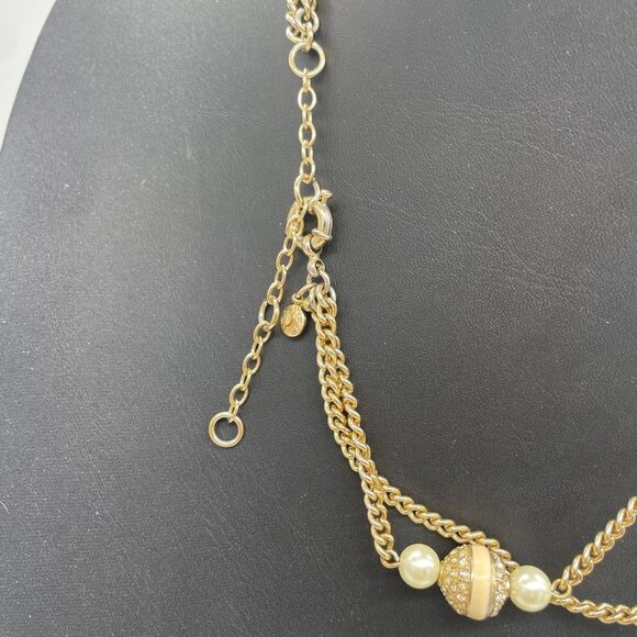 J. Crew Double Strand Faux Pearl Cream Enamel Rhinestone Necklace Gold Tone - Picture 4 of 4